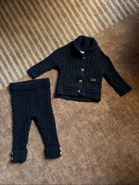 Navy Cable Knit Baby Cardigan & Legging Set
